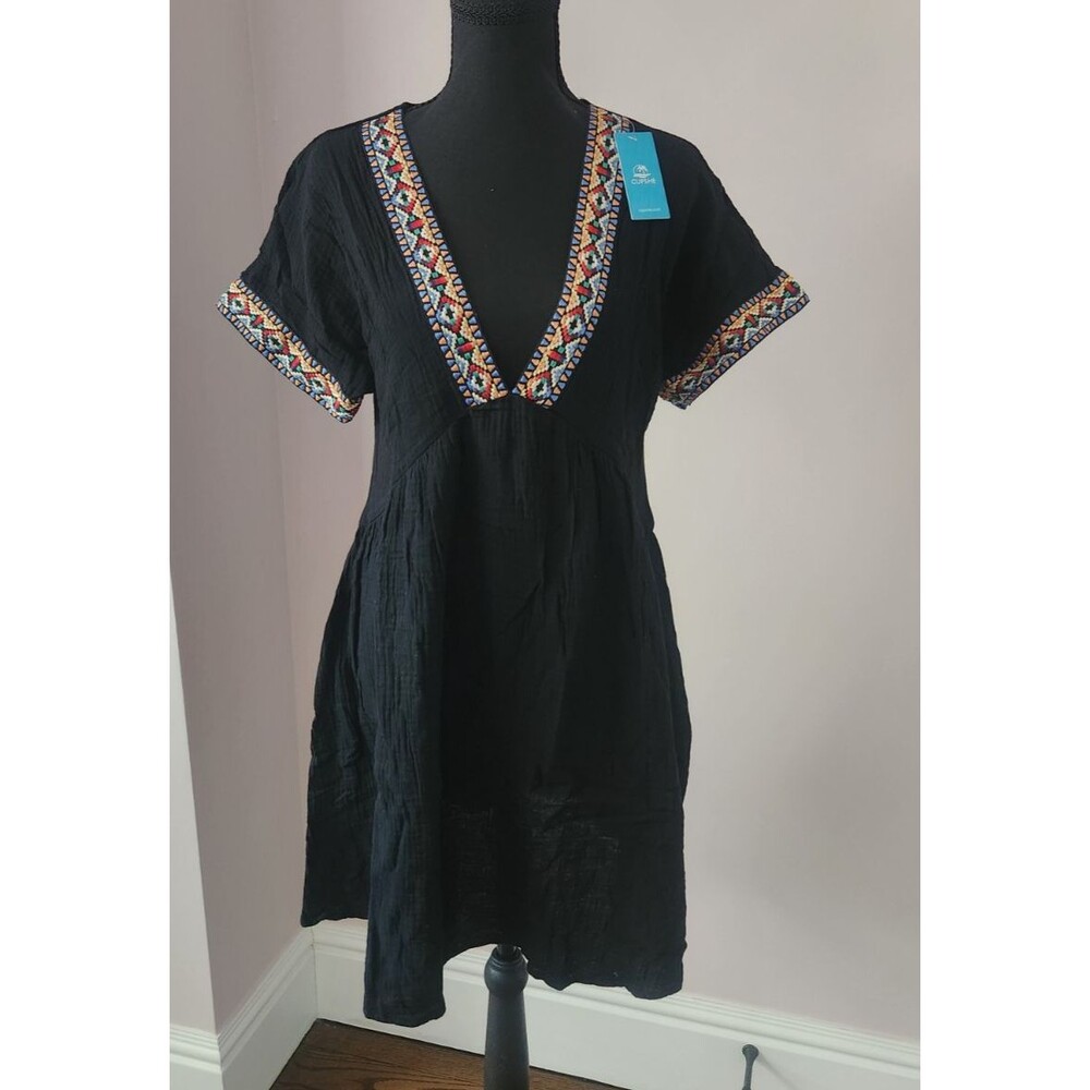 NWT CUPSHE Black Mini Dress V Neck Short Sleeve 100% Cotton Casual Dress -S